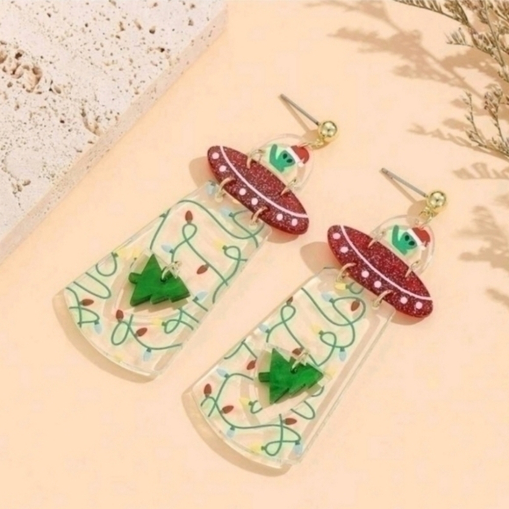 MODCLOTH ACRYLIC ALIEN CHRISTMAS TREE EARRINGS 1